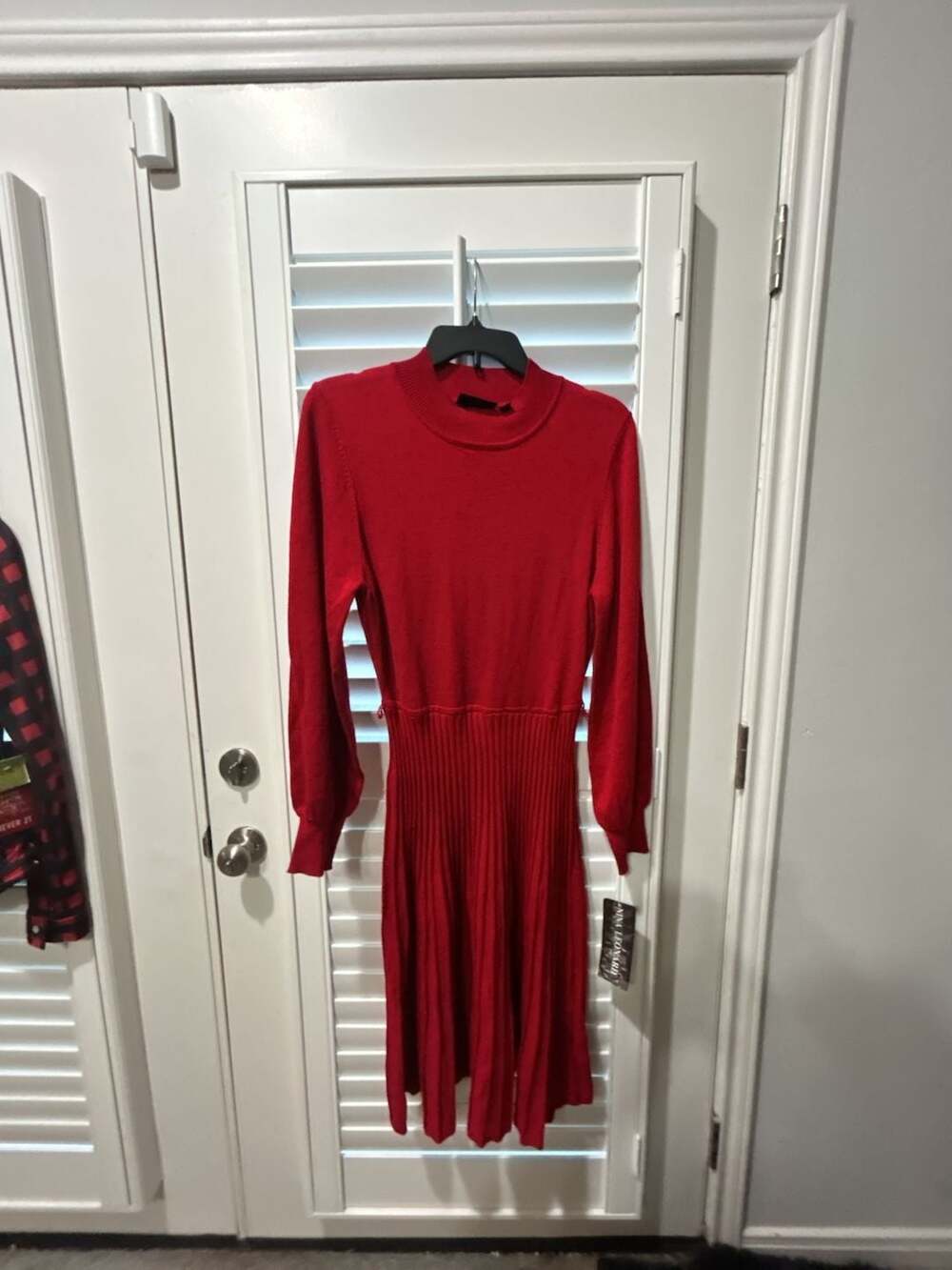 Nina Leonard Long Sleeve Mock Neck Pleated Knit Midi Sweater Dress